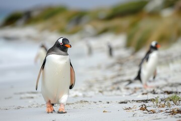 Gentoo Penguin, Pygoscelis papua, walking to breeding colony, Volunteer Point, Falkland Islands