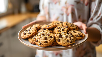 A person holding a plate of freshly baked cookies, with details of the cookies' golden brown color,...