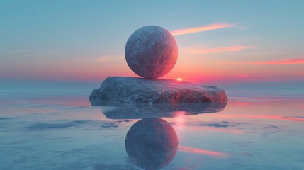 Surreal landscape with levitating rock at sunset - obrazy, fototapety, plakaty