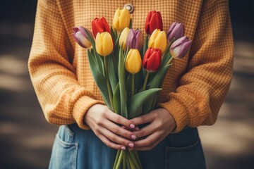 Women hands are holding a bouquet of tulips. International Women Day 8 march - obrazy, fototapety, plakaty