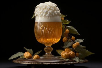 close up shot of fresh high quality gold foamy beer poured in a glass and biological humulus lupulus - obrazy, fototapety, plakaty