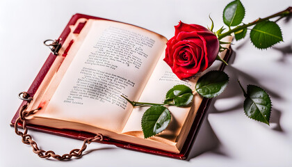 Beautiful red rose laying horizontally on locked notebook