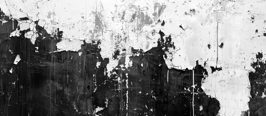 A monochrome photo of a dirty facade wall in the city, showing signs of soil and plant growth. The...