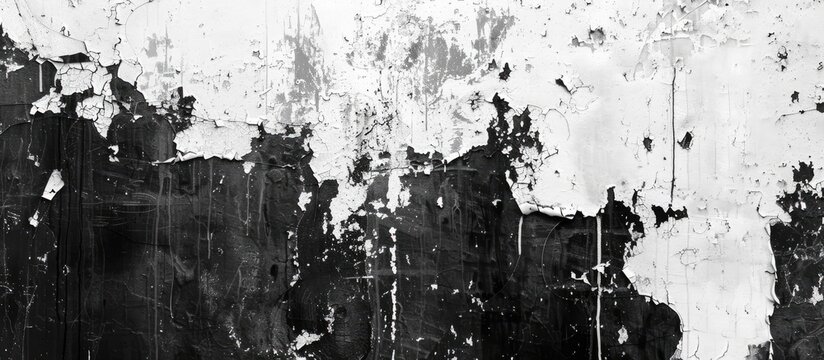 Fototapeta A monochrome photo of a dirty facade wall in the city, showing signs of soil and plant growth. The black and white image captures the urban landscape with a sense of decay