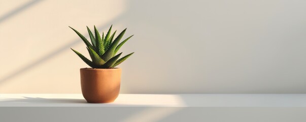Potted succulent on a white shelf