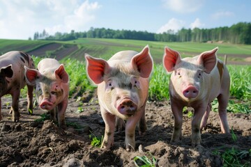 Happy pigs living on organic ecological farm