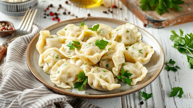 A delicious Russian cuisine pelmeni dumplings dish. Dish with Russian dumplings filled with minced meat wrapped in thin dough.