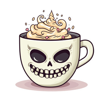 Kawaii unicorn skull inside a cup of coffee illustr