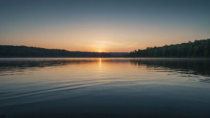 A serene sunrise over a tranquil lake, reminding us of the intrinsic connection between humanity and the environment.