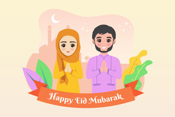 Happy Eid Mubarak with couple moslem illustration. 
