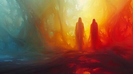 Mystical figures in an abstract fiery landscape