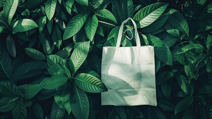 Mock up Eco friendly cloth bags. Blank white reusable shopping bag on green leaves background. Save the planet. Environmental conservation and recycling concept. Template for design. Plastic free