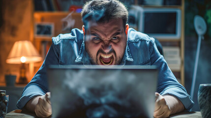 Enraged Man with Laptop Facing Defeat in a Moody Workspace