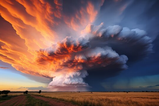 Storm over the field. Dramatic sunset sky. Dramatic view of heavy stormy clouds sky over a farm field at sunset. 3d render.
