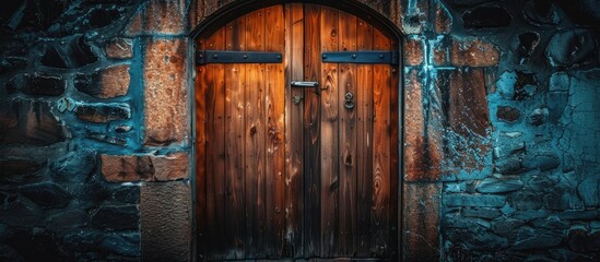 A wooden door is set in the center of a stone wall, adding a touch of art to the buildings facade....