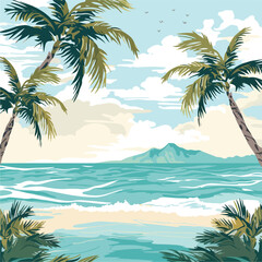 Fototapeta na wymiar Lush palm tree and beach pattern illustration perfect