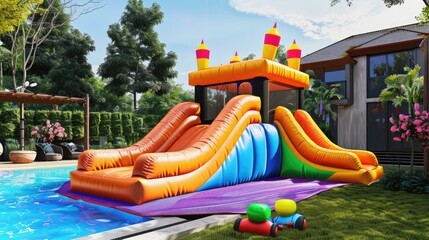 Fototapeta na wymiar bounce house slide, Colorful bouncy castle slide for children playground 