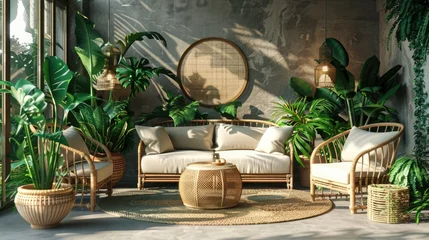 Fotobehang Tropical Tranquility Rattan Elegance in Botanical Lounge © Rifat