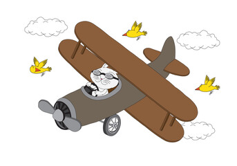 Cute cartoon illustration of a bunny in an airplane 