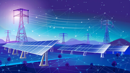 hi-tech illustration of solar panels connected to the energy network - obrazy, fototapety, plakaty