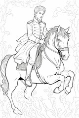 Fototapeta na wymiar Coloring page. Black and white, the Prince on a horse. High quality photo. Generated by AI