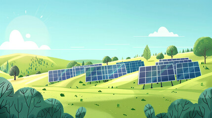 landscape illustration of solar panels on lush green hills on a sunny day