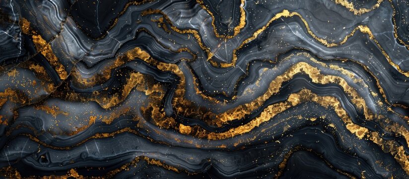 An artistic closeup of a swirling black and gold marble texture resembling a terrestrial plant pattern, with electric blue veins running through, creating a unique landscape in the rock