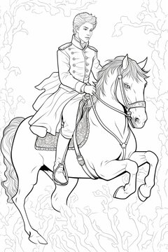 Coloring page. Black and white, the Prince on a horse. High quality photo. Generated by AI