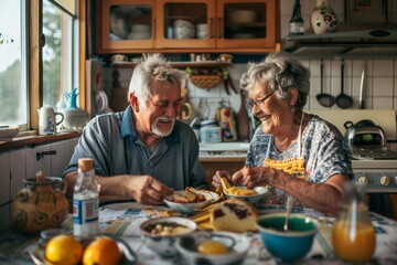 breakfast woman man senior couple home retirement wife husband elderly together happy morning old happiness kitchen love mature eating meal retired - obrazy, fototapety, plakaty
