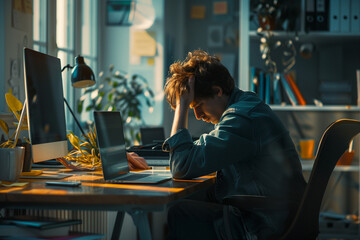 Overworked Man Feeling Stressed at Working Home or Office