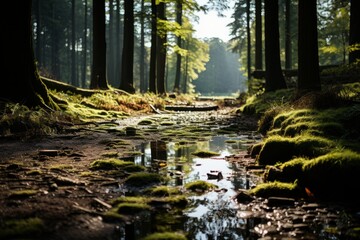 a muddy stream in the middle of a forest surrounded by trees
