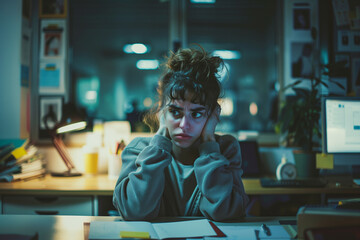 Overworked Young Woman Feeling Stressed at Working Home or Office