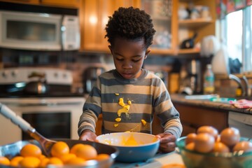 child family kitchen food boy son mother father breakfast preparing egg morning healthy diet eating home black african american father cooking, parent, cute, meal - Powered by Adobe