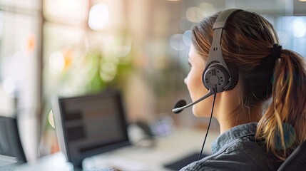 woman call center workers. Smiling customer support operator with hands-free headset working in the office	