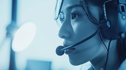 woman call center workers. Smiling customer support operator with hands-free headset working in the office	