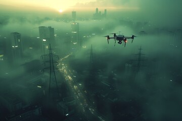 Fototapeta premium Drone surveilling power towers at dawn, inspecting electrical infrastructure with precision and efficiency