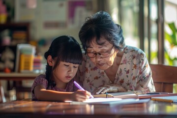 grandchild grandmother family granddaughter child teacher homework creativity home woman book notebook grandma education classroom grandparent parent daughter girl kid teaching