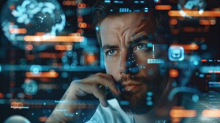 Programmer programming cybersecurity and IT. Futuristic software and hardware , coding hologram,  man thinking about data analytics, digital technology. 