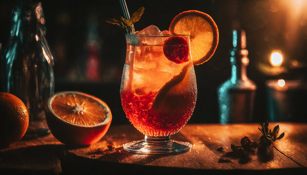 Drink alco&oacute;lico com laranja em balc&atilde;o de balada