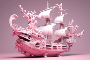 Pink Model Ship Adorned With Pink Flowers