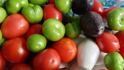photo of colorful vegetables, onion, avocado and tomato