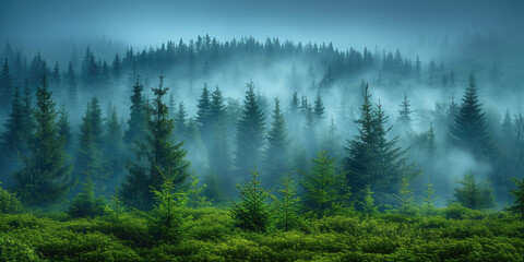 Foggy morning in the coniferous forest. Panorama. - obrazy, fototapety, plakaty