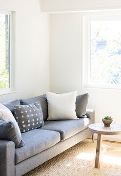 A simple grey couch in a light filled living room