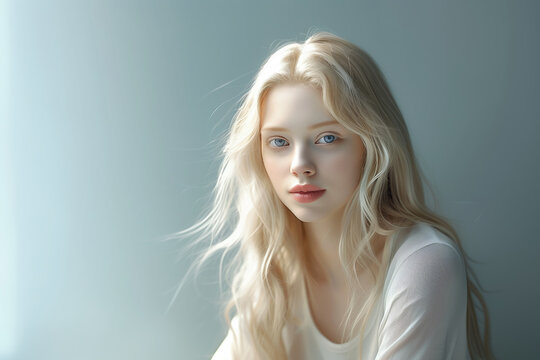 Portrait of a beautiful blonde girl with long hair on a gray background