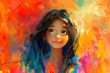 Obraz na płótnie Canvas Portrait of an adorable lovely girl fantasy cartoon personage isolated on vibrant painting background.