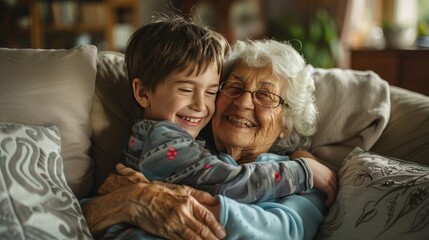 Happy boy hugging and having fun with her grandmother in their sofa at home, bonding moment of a cute little boy with his joyful grandma. Family