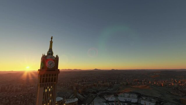 Aerial sunset drone view of Makkah clock tower in Mecca. Saudi Arabia
