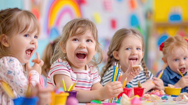kids art. happy kids doing arts and crafts in day care centre, doing arts and crafts together.