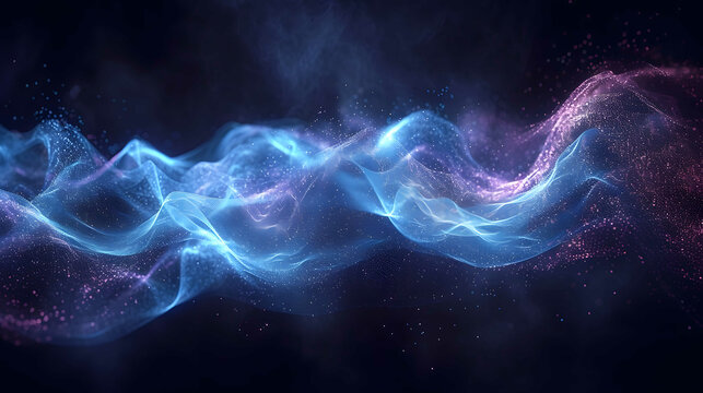An image featuring an abstract blue and purple background with stars scattered throughout, A fantasy visualization of how soundwaves from a podcast travel through the ether, AI Generated