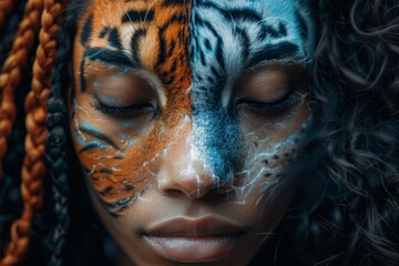Woman With Tiger Face Paint - obrazy, fototapety, plakaty